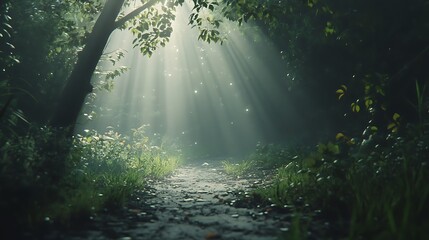 Sunbeams Illuminating a Path Through a Dense Forest