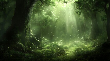 Sunbeams Illuminating a Lush Green Forest
