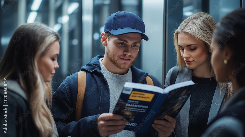 Poster Group of university students reading a book together in a modern building