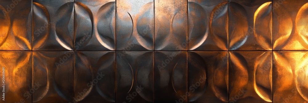 Poster reflective metallic tiles with circular patterns, showcasing warm light reflections and a modern des