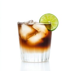 A robust Dark and Stormy cocktail with ginger beer and dark rum, garnished with a lime wedge, served in a short