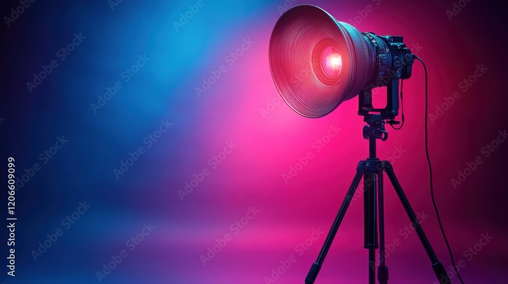 Poster professional photography setup featuring a large studio light on a tripod with vibrant background