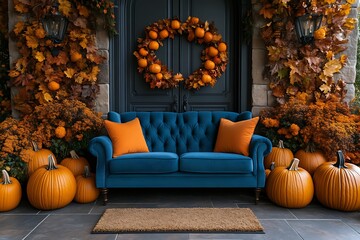 Obraz premium Autumn porch sofa pumpkins fall decor