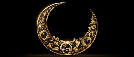 Ornate Golden Crescent Moon on Black Background: A Luxurious and Sophisticated Design