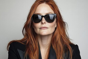 Confident woman with red hair wearing stylish black sunglasses poses against neutral background