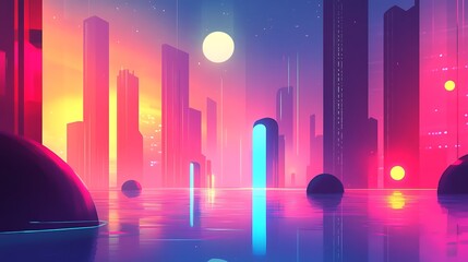 Neon Cityscape with Abstract Reflections on Water