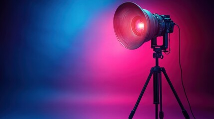 Professional photography setup featuring a large studio light on a tripod with vibrant background