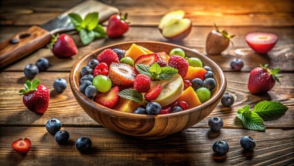 A vibrant and refreshing summer fruit salad in a rustic wooden bowl, surrounded by assorted fresh berries and a hint of mint