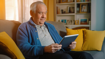 Fototapeta premium Senior man using digital tablet on sofa at home: smiling elderly person browsing internet