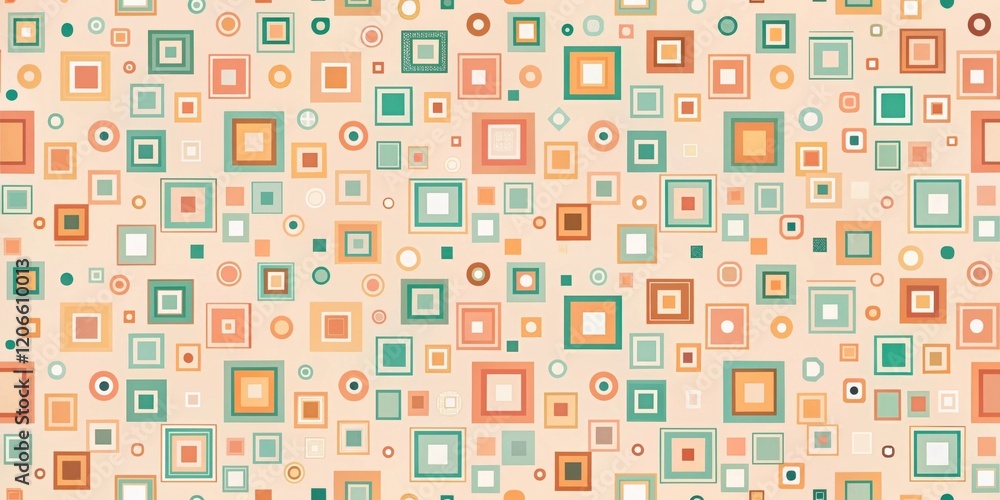 Wall mural abstract geometric pattern featuring diverse square and circle shapes in muted tones