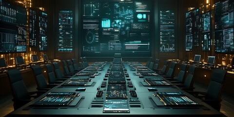Futuristic control room with large screens and workstations.