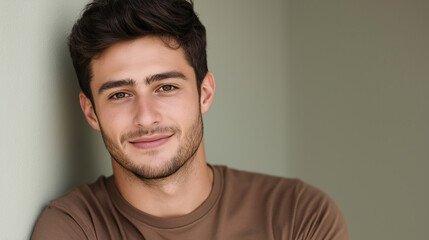 Fototapeta premium Portrait of smiling young man leaning against wall