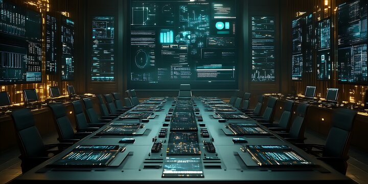 Futuristic control room with large screens and workstations.