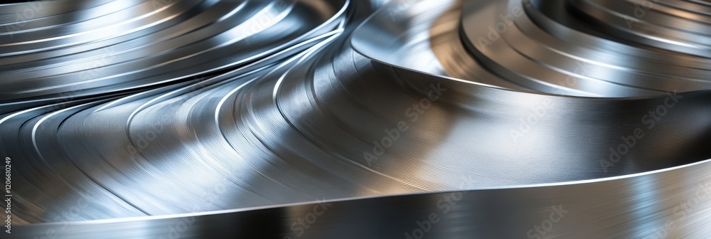 Poster close-up of rolled metal sheets showcasing smooth, shiny surfaces with intricate patterns and textur