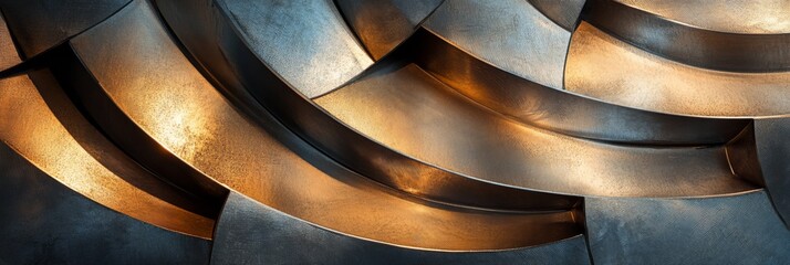 Abstract metallic patterns with warm light reflecting, creating a dynamic and visually intriguing composition.