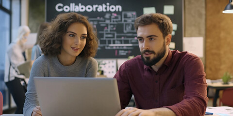 Fototapeta premium Software developers collaborating on a project using laptop in office