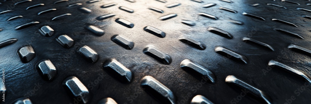 Poster close-up view of a textured metal surface with raised patterns, reflecting light and showcasing dura