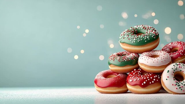 Festive holiday donuts stacked on a pastel background