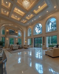 Luxurious living room with high ceilings, marble floors, and large windows.