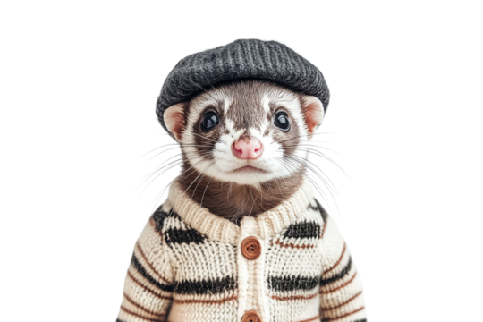 Ferret wearing a beret and striped sweater isolated on white or transparent PNG