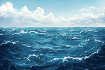 Obraz premium Serene Ocean Waves Under a Bright Sky with Fluffy Clouds, Ideal for Nature and Travel Themes