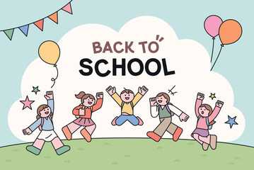 Back to School Celebration with Cheerful Students and Balloons. school poster concept.