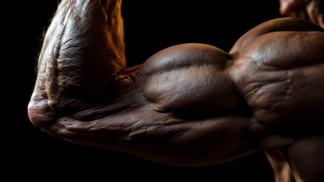 Close-up of a flexed bicep showcasing detailed muscle definition and texture against a dark background