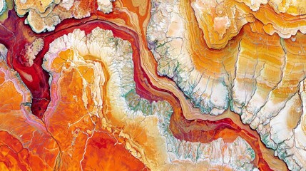 Abstract aerial view of vibrant mineral formations showcasing intricate patterns and rich colors of orange, red, and white in a natural landscape
