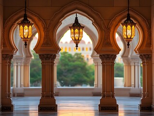 Fototapeta premium Illuminated Arabian Mosque Hallway Arches and Lanterns
