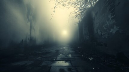 A Foggy and Eerie Alleyway with a Glimmer of Light in the Distance