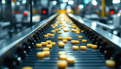 Conveyor Belt of Pills: A close-up view of a factory production line with a conveyor belt carrying rows of yellow pills, capturing the precision and automation of pharmaceutical manufacturing.
