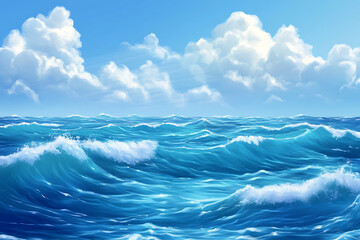 Obraz premium Serene ocean waves under a bright blue sky with fluffy clouds, evoking tranquility and nature's beauty