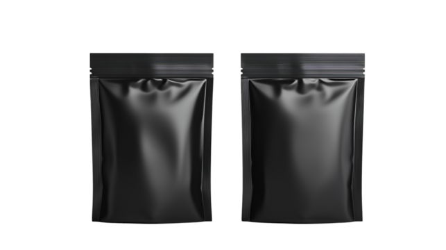 Matte black doypack packaging, isolated on transparent background 