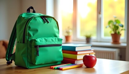 vibrant green backpack with books and apple on wooden table - cozy sunlit room 4k image