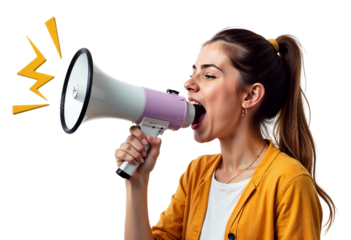 Woman yelling on megaphone on transparent background