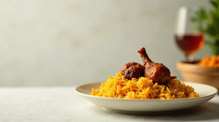 Savory Roasted Meat with Golden Saffron Rice, a Culinary Delight Served on an Elegant Plate