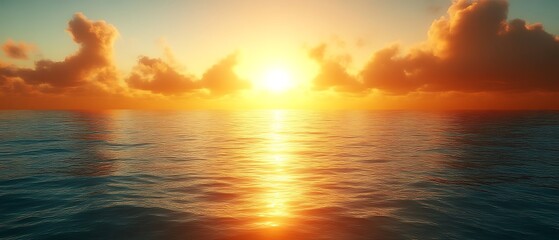 Golden sunset over calm ocean.