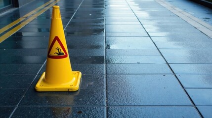 Yellow caution cone on wet pavement indicating a slip hazard