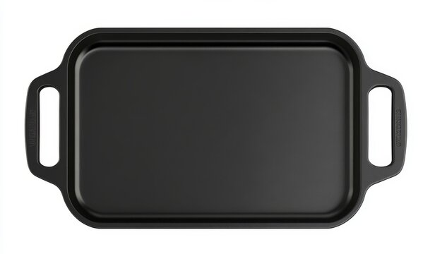 Black rectangular cast iron grill pan with two handles.