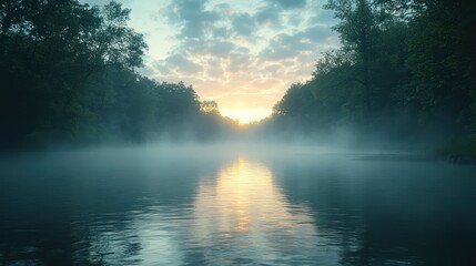 Fototapeta premium Misty River at Sunrise: A Serene Landscape