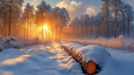 Snowy path, winter sunrise, pine forest, log