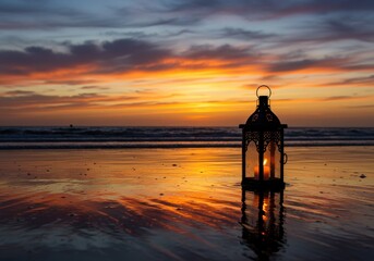 Fototapeta premium A glowing lantern placed on the reflective surface of a serene beach at sunset