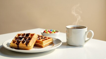 A delightful morning treat warm waffles drizzled with rich chocolate, accompanied by a steaming cup of coffee and a small bowl of colorful candies.