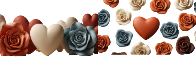 3D A beautiful arrangement of roses and heart shapes, showcasing a romantic theme perfect for decorations or gifts., PNG transparent background