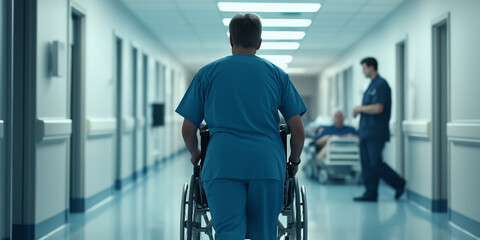 Nurse pushing empty wheelchair in hospital corridor