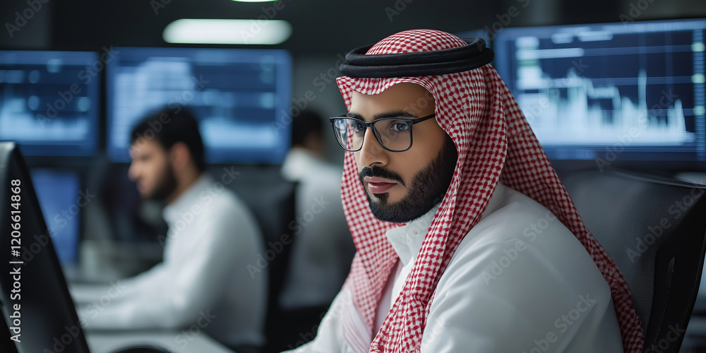 Fototapete arab financial analyst working on computer in monitoring room with multiple screens showing charts a