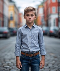 Teen boy of Swedish nationality in casual shirt and jeans with neutral expression portrait photo urban street background