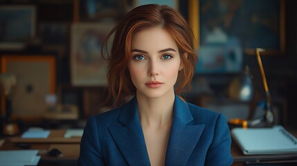 Fototapeta premium Portrait of a young woman with red hair and blue eyes, wearing a blue blazer, sitting at a desk in a home office.