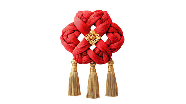 A beautifully crafted Chinese knot in vibrant red silk, intricately designed with elegant loops and symbolic patterns