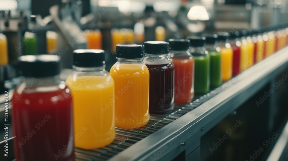 Aufkleber colorful array of bottled juices on a production line in a modern factory setting (1)